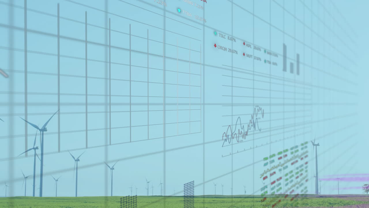 Wind turbines in green field with financial data processing animation overlay