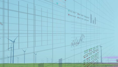 Wind turbines in green field with financial data processing animation overlay