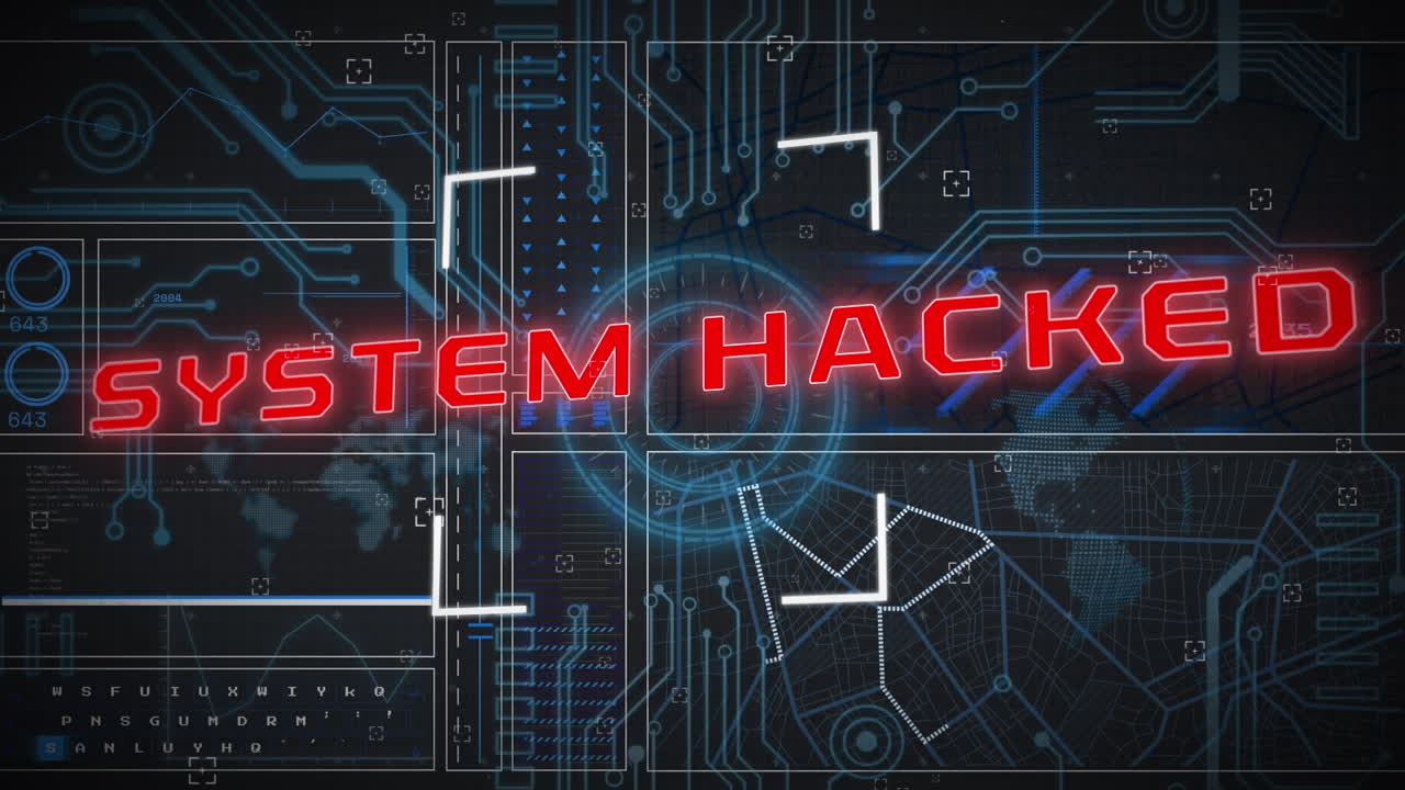 Animation of system hacked text in red over charts and graphs processing data on black interface