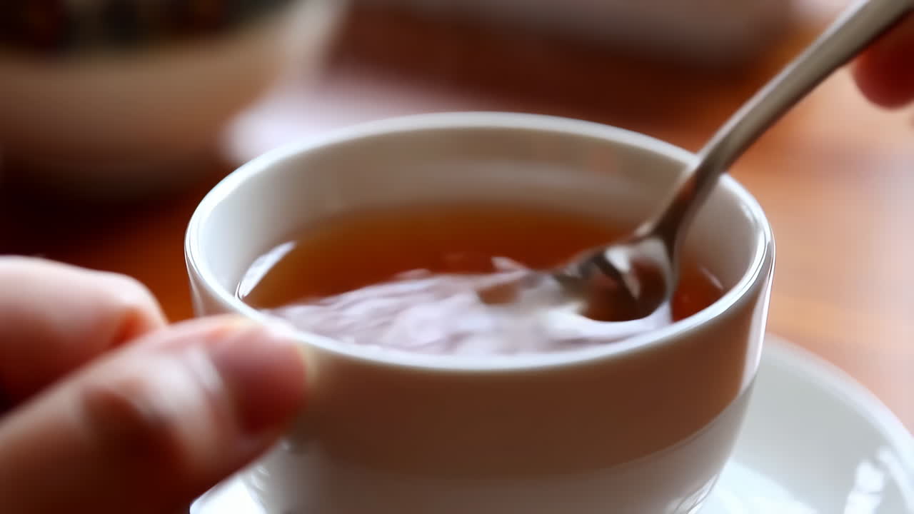 Close-up of a hand stirring a hot beverage in a white cup