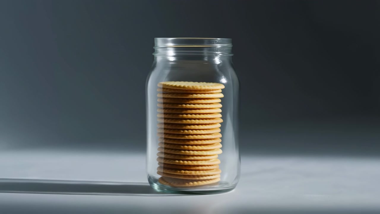 Transparent glass jar filled with neatly stacked biscuits stands on reflective surface while lighting highlights crisp edges, circular layers, warm color, and clean studio arrangement from fixed view.