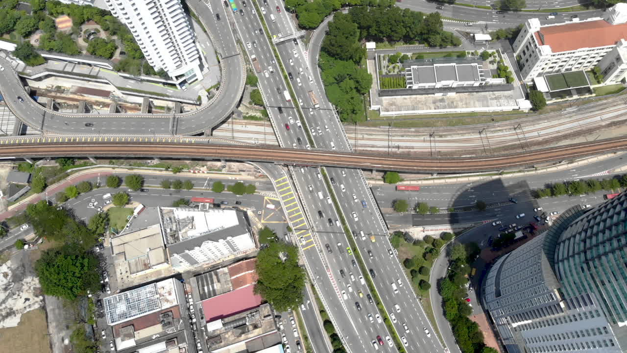 Aerial View of a Busy City Intersection with Highways and Train Tracks