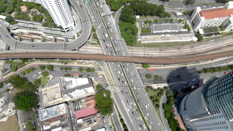 aerial view of a busy city intersection with highways and train tracks