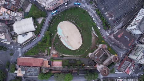 Top-down-aerial-Rocca-Pia-castle-with-Amphitheatre-Bleso,-Tivoli