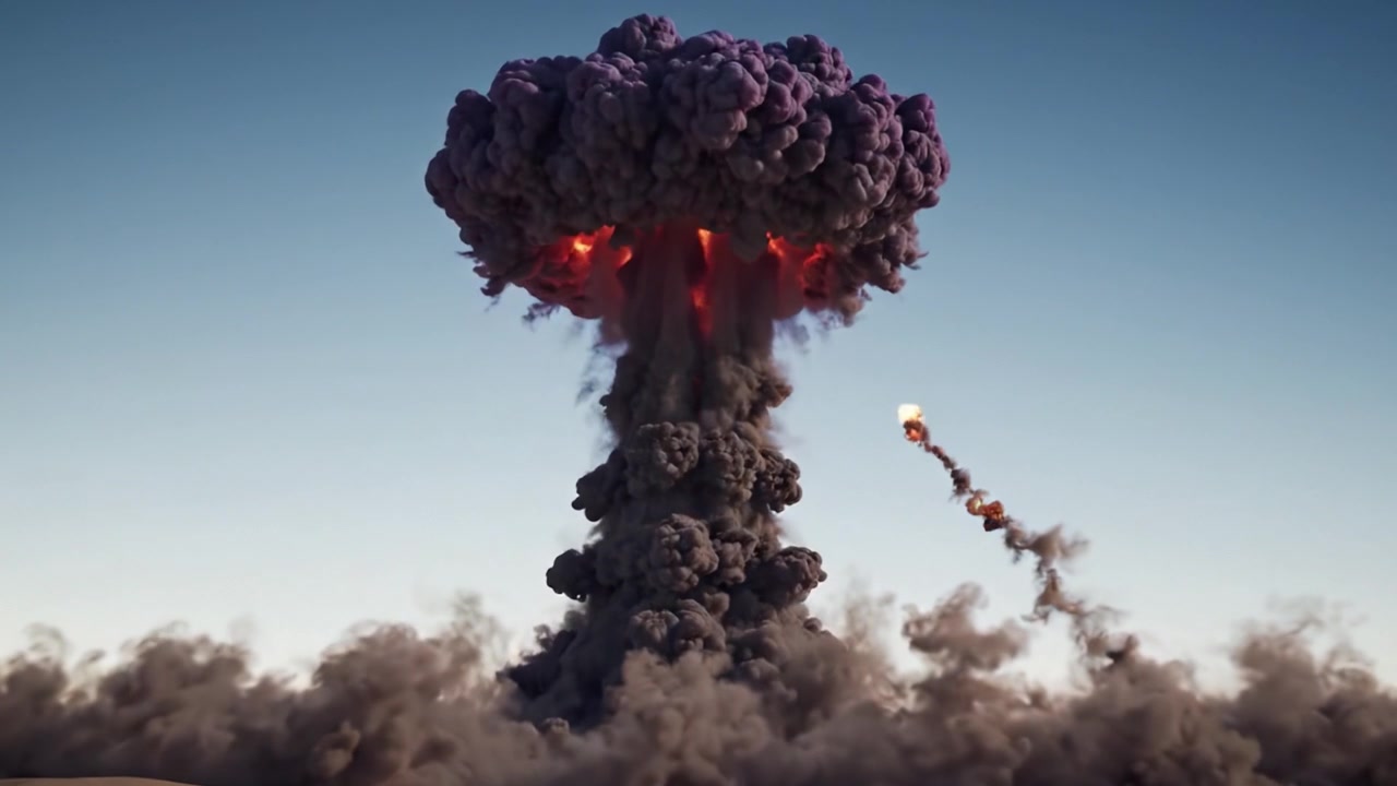 Eine fesselnde Darstellung explosiver Kraft: Die Verwandlung von einem blendenden Blitz zu einer dramatischen Pilzwolke in einer weiten Wüstenlandschaft