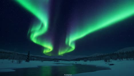 breathtaking display of northern lights illuminating a winter landscape with ethereal green and purple colors reflecting above a calm body of water