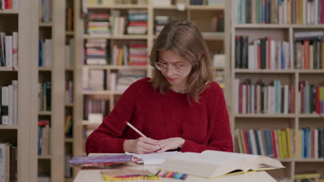 college student in library studying gets brainwave, jot down idea in book