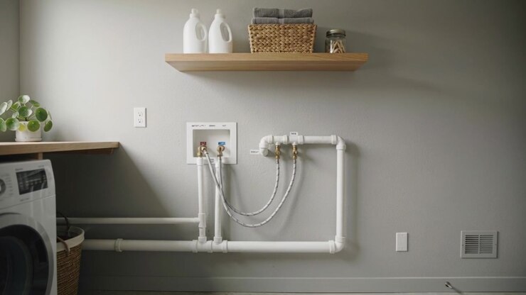 Panning camera moving through home laundry area, revealing hookup box, braided hoses, wooden shelf