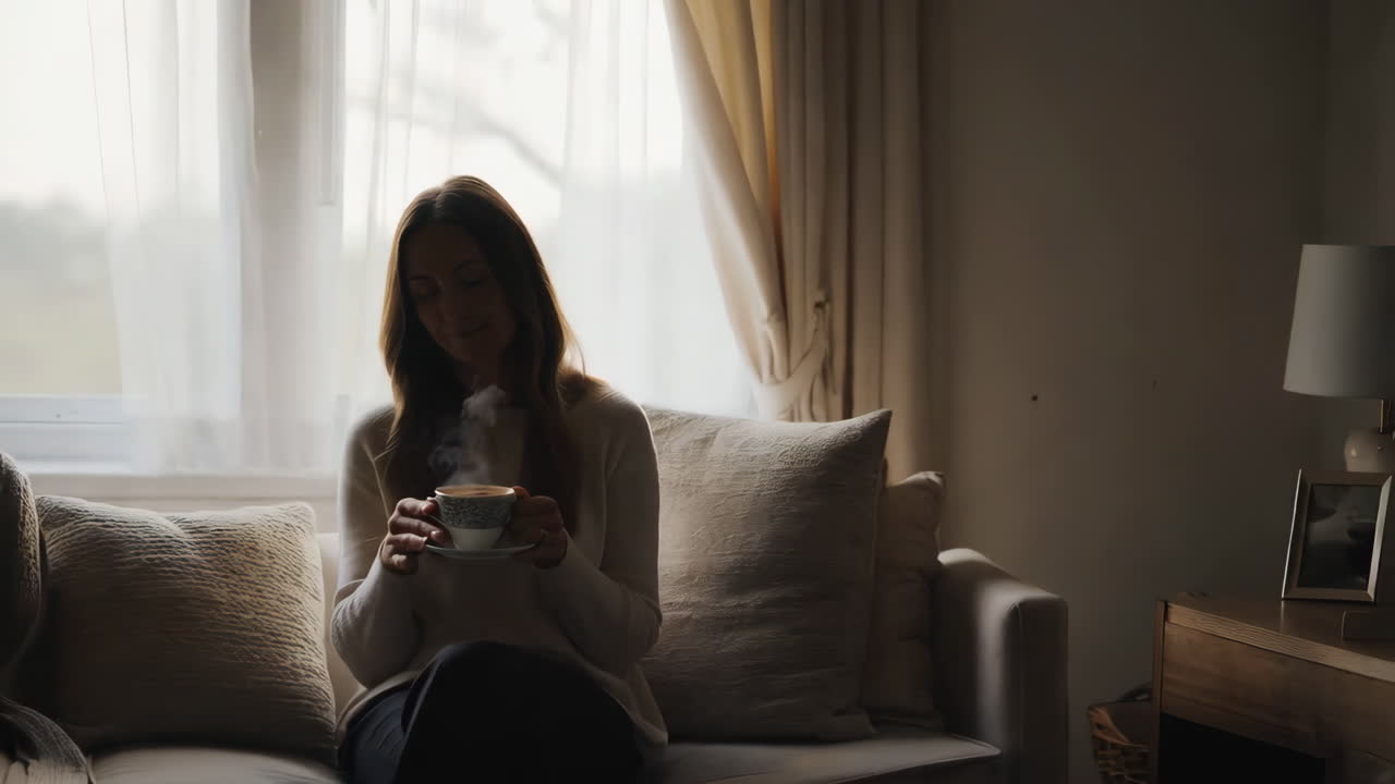 Donna che si rilassa con una bevanda calda accanto alla finestra