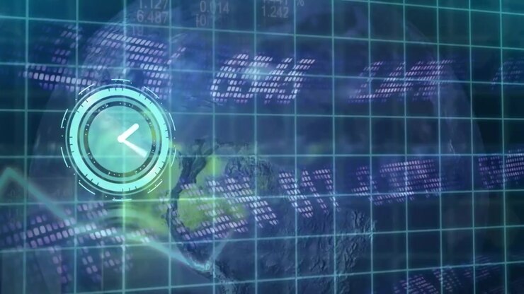 Animation of clock moving over data processing on black background