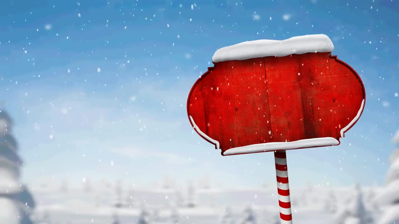 겨울 풍경 위에 복사 공간이 있는 눈이 떨어지고 북극 표지판의 애니메이션