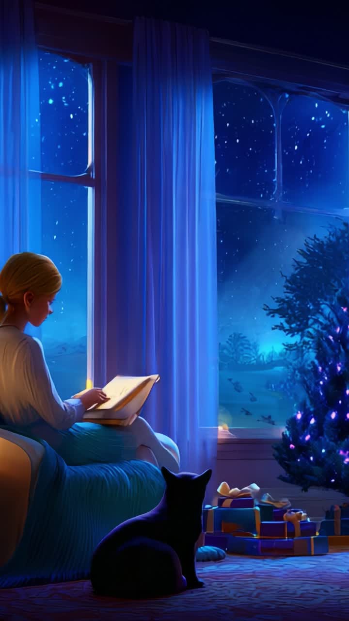 A tranquil scene depicting a woman quietly reading a book by the window while cozying up to her cat, bathed in soft blue light from a decorated Christmas tree, creating a serene holiday atmosphere