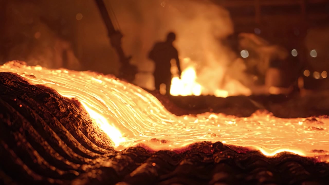 Flusso illuminato di metallo fuso: una drammatica esibizione di calore e luce catturata in un ambiente di fonderia, che mostra il lavoro intenso e l'ambiente della fusione dei metalli.