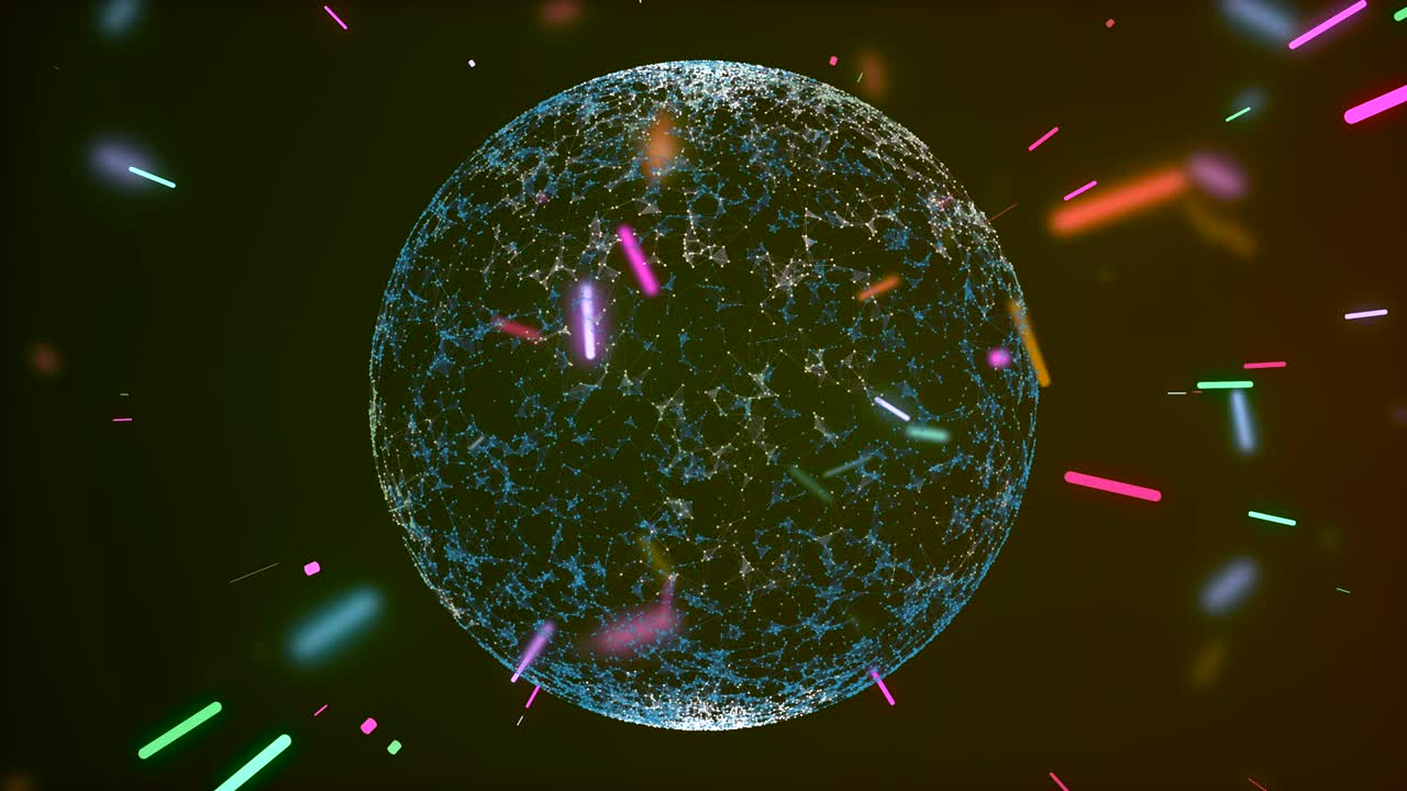 추상적인 다채로운 입자의 운석 비가 우주에서 회전하는 행성의 반이는 시각화에 접근합니다.