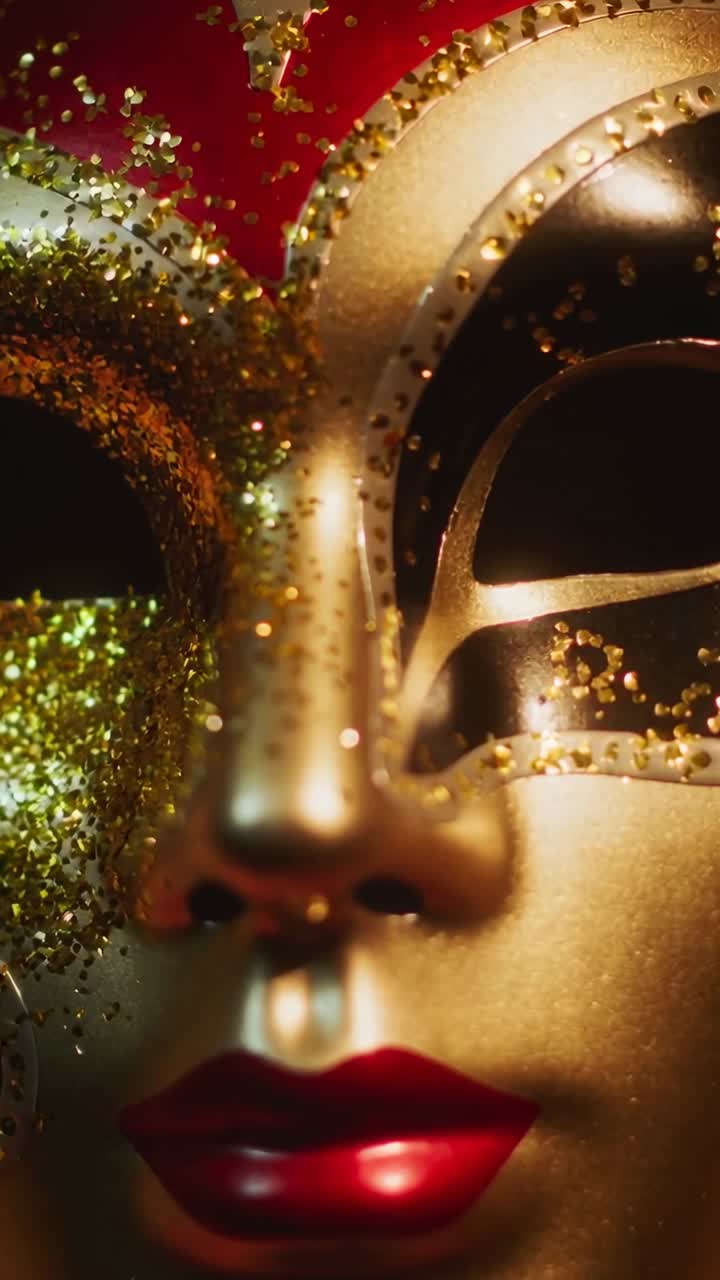 Video verticale: Telecamera che si avvicina, rivelando una maschera veneziana su un set da studio, mostrando glitter verdi