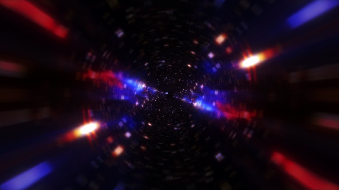 un túnel de hiperespacio de resplandor abstracto a través de un colorido vórtice de espacio-tiempo naranja azul vivo. viajes interestelares de ciencia ficción en 4k 3d a través de agujeros de gusano en el hiperespace. salto de teletransportación abstracto en el ciberespacio.