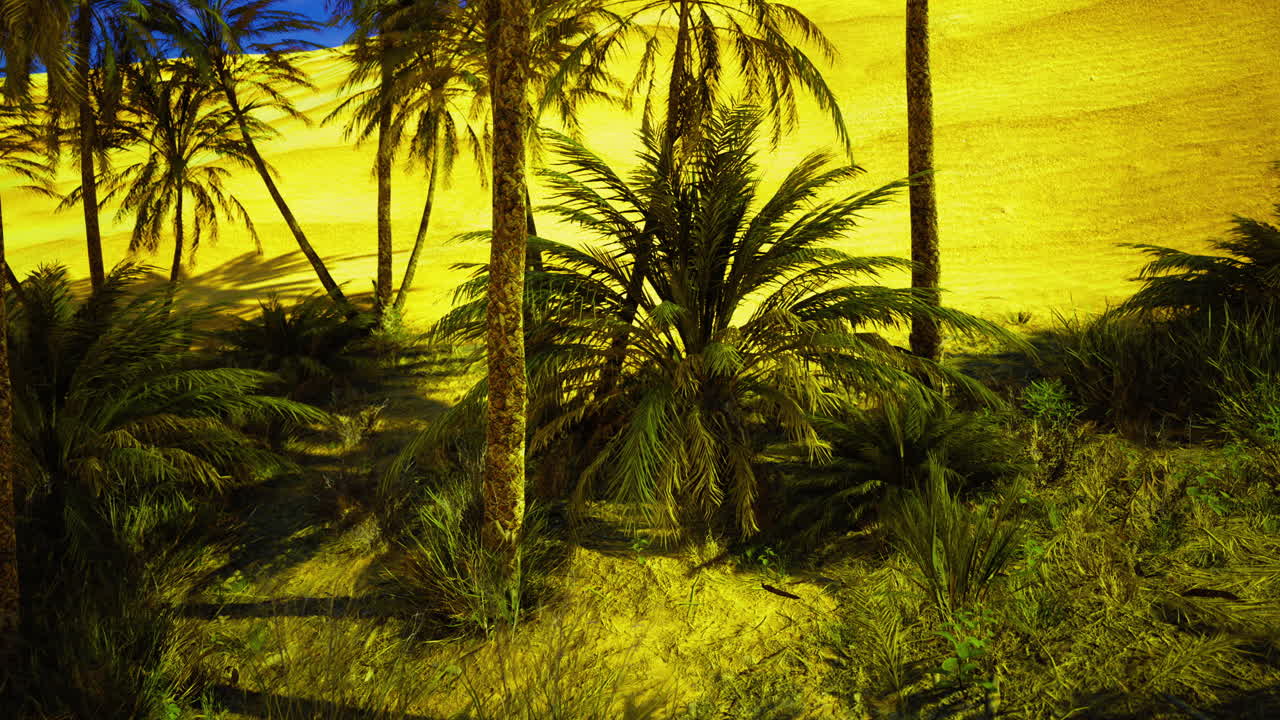Vibrant desert oasis with palm trees and golden sand under clear sky