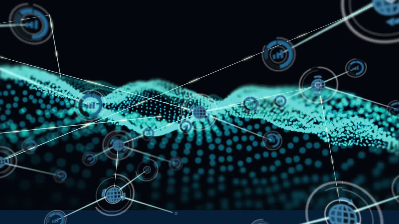 Animation of network of connections with icons over glowing green mesh