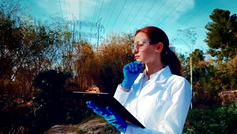 A-young-woman-scientist-at-a-creek,-wearing-protective-eyewear-and-a-lab-coat,-taking-notes-on-a-clipboard