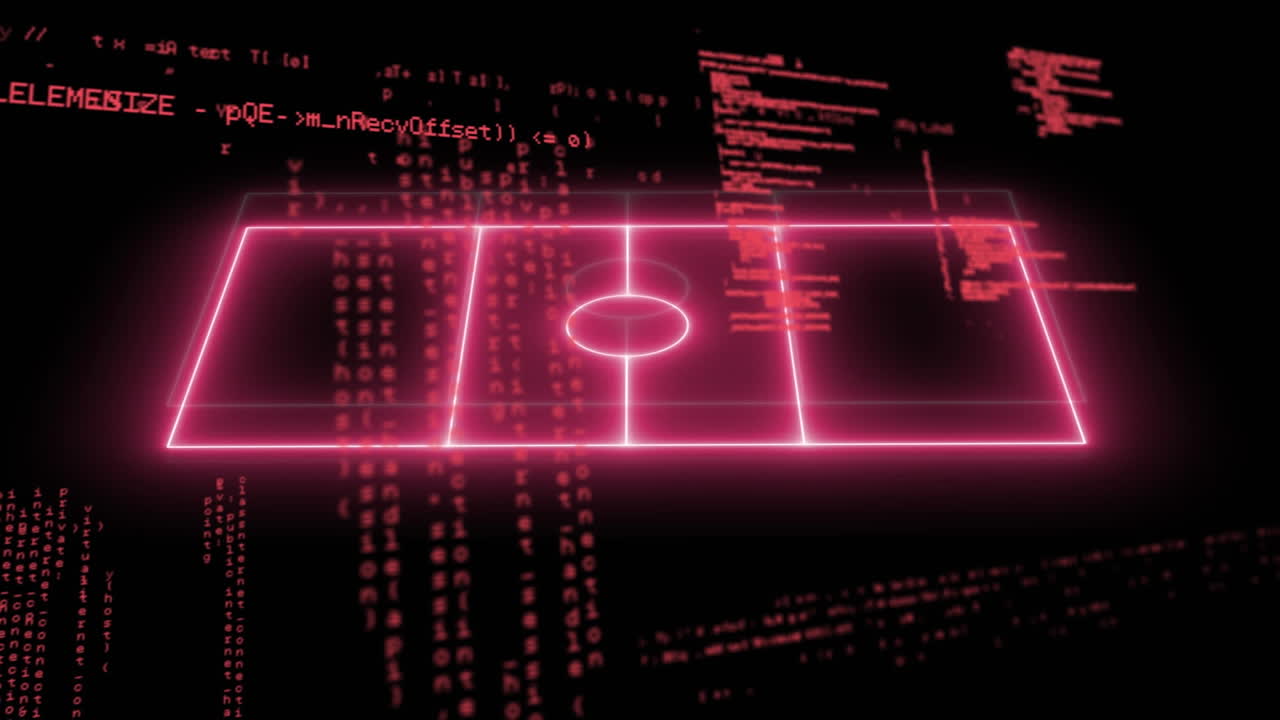 Animation of pink illuminated sports court over computer language against black background