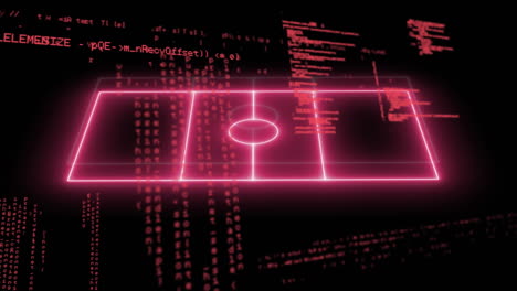 animación de una cancha deportiva iluminada en rosa sobre lenguaje informático contra un fondo negro.