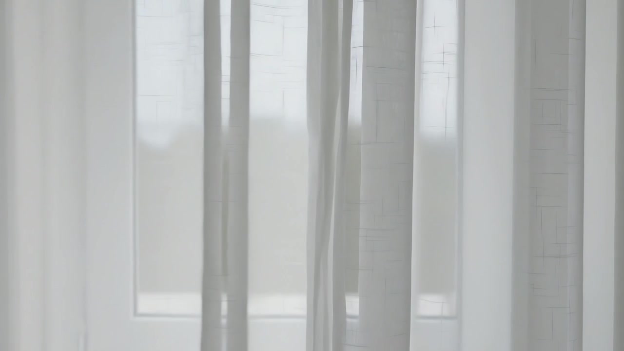 Brisa suave moviendo cortinas blancas transparentes en casa, revelando el marco de la ventana y una línea de árboles borrosa.