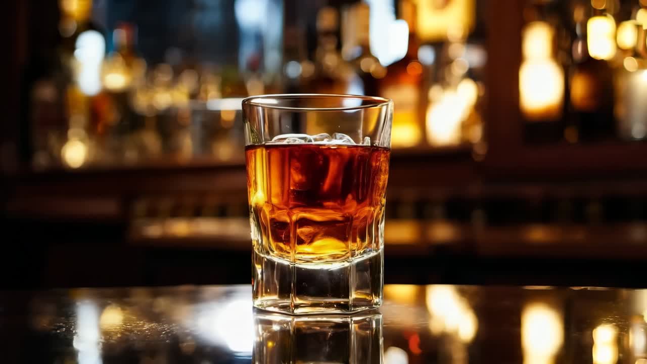 un vaso de whisky sentado en la parte superior de una barra
