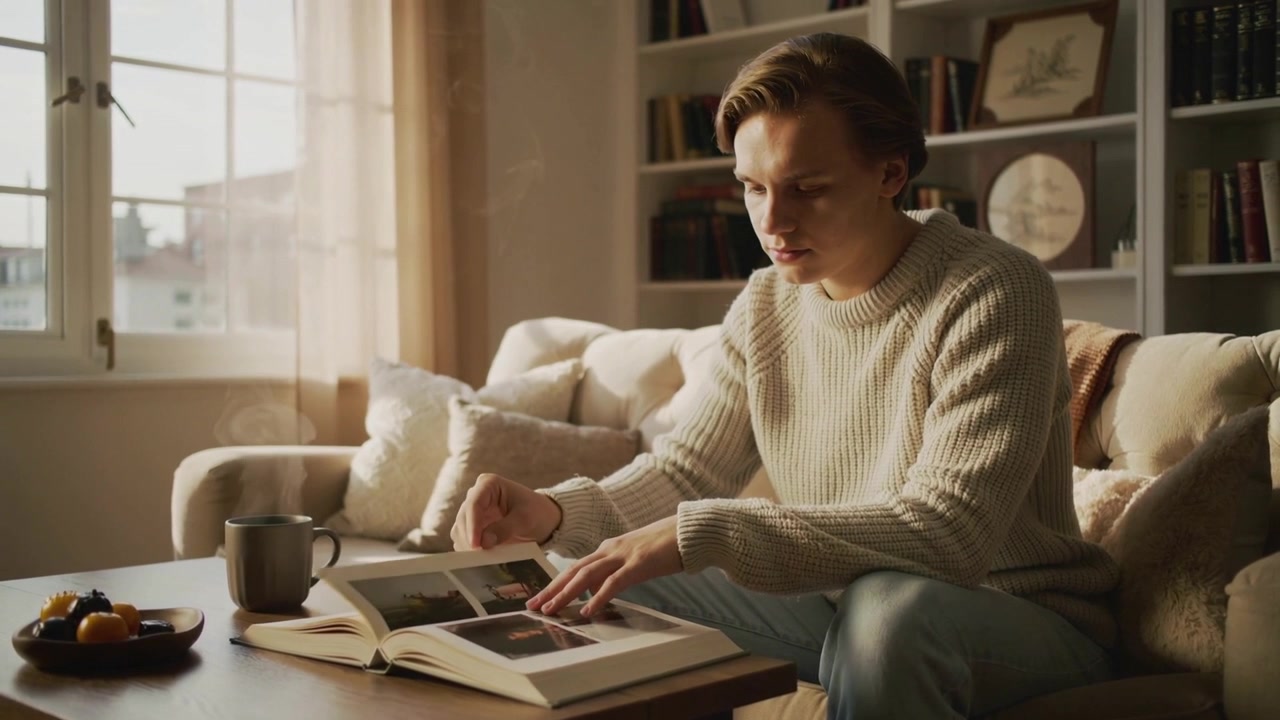 Placing album on low table, man wearing cream sweater leaning, turning pages, remembering by window