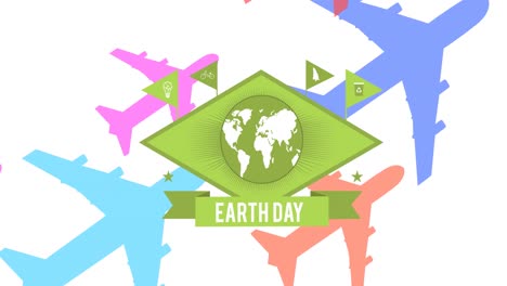 Animation-of-earth-day-text-and-globe-logo-over-colorful-airplanes-on-white-background