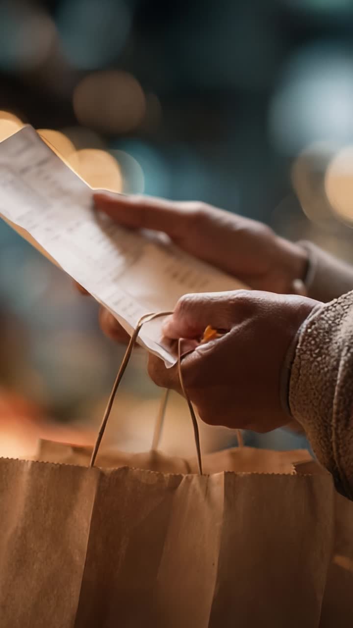 Hænder holder indkøbskvittering og papirpose, der indfanger essensen af forbrugeroplevelsen med shopping og transaktioner i et moderne detailmiljø