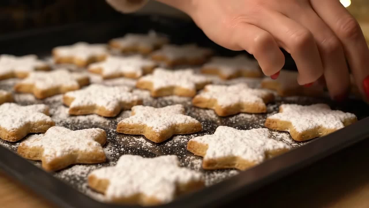 Nærbilde av en video med stjerneformede cookies på et stekebrett, drysset med melis