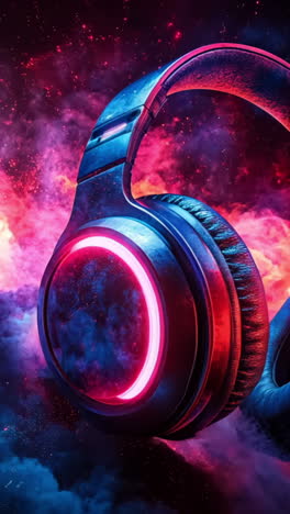 a pair of headphones is shown in a colorful, psychedelic background. the headphones are positioned in the center of the image, with the left earpiece slightly above the right earpiece