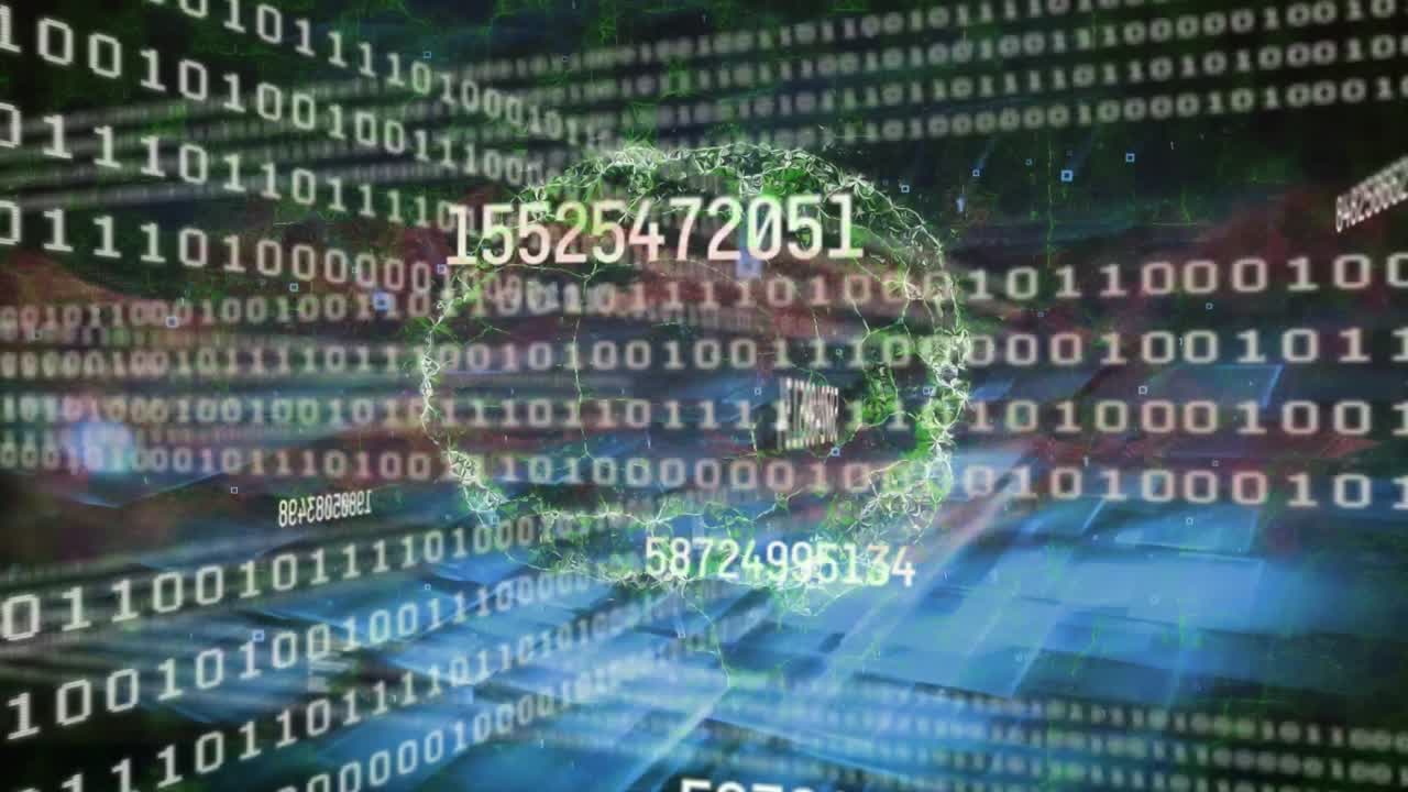 Animation of brain and data processing over blue background