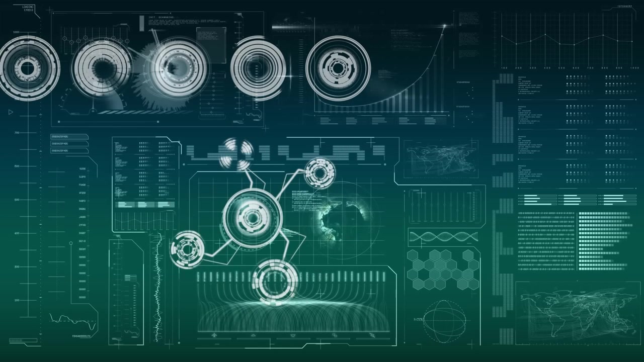 Futuristisk digital grænseflade med roterende datavisualisering og globalt netværk