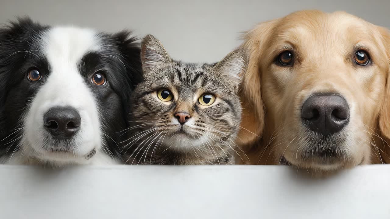Ein charmantes Freundschafts-Trio: Ein verspielter Hund, eine neugierige Katze und ein loyaler Retriever zeigen ihre einzigartigen Persönlichkeiten in perfekter Harmonie.