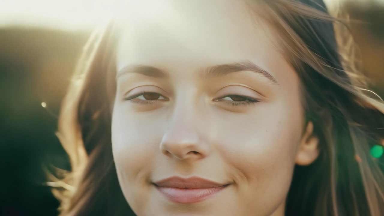 primer plano de una hermosa mujer joven sonriendo y posando, mostrando su cabello castaño y ojos marrones. una expresión alegre destaca su belleza natural y encanto juvenil