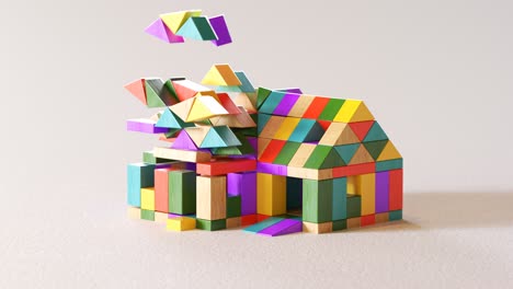 Wooden-blocks-gradually-laid-down-into-a-house-form.-Multiple-painted-wood-cube-toys-flying-around-a-room-in-slow-motion-shot.-A-symbol-of-slow-funds-and-loans-gathering-to-build-a-house.