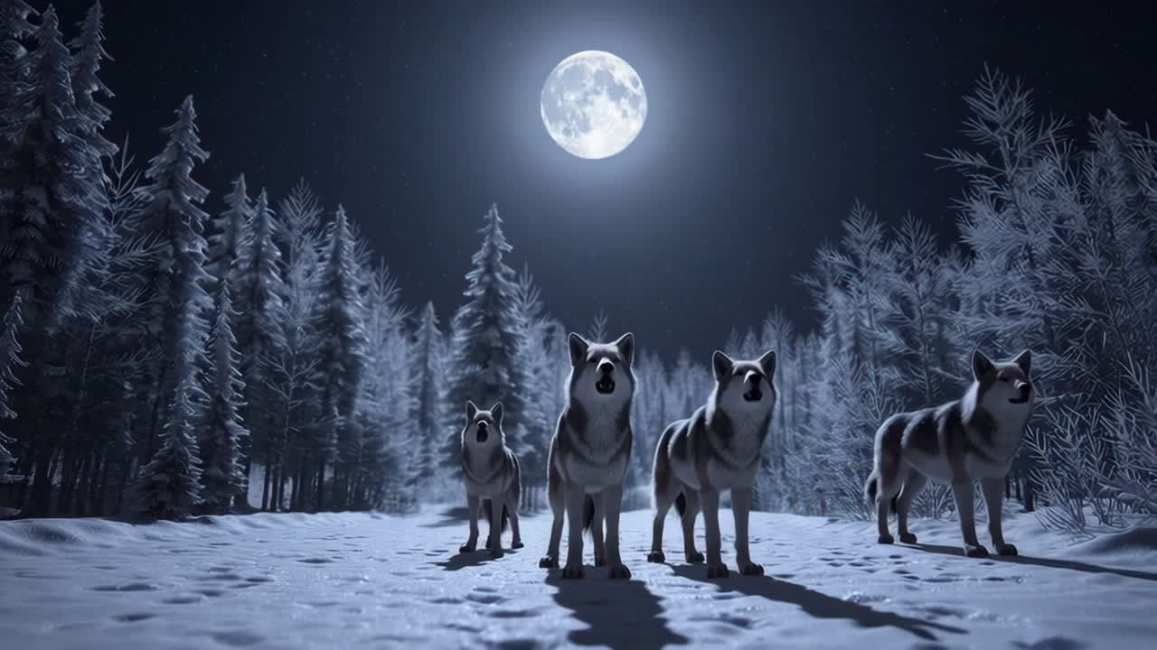Wolves Howling at the Moon in a Snowy Forest