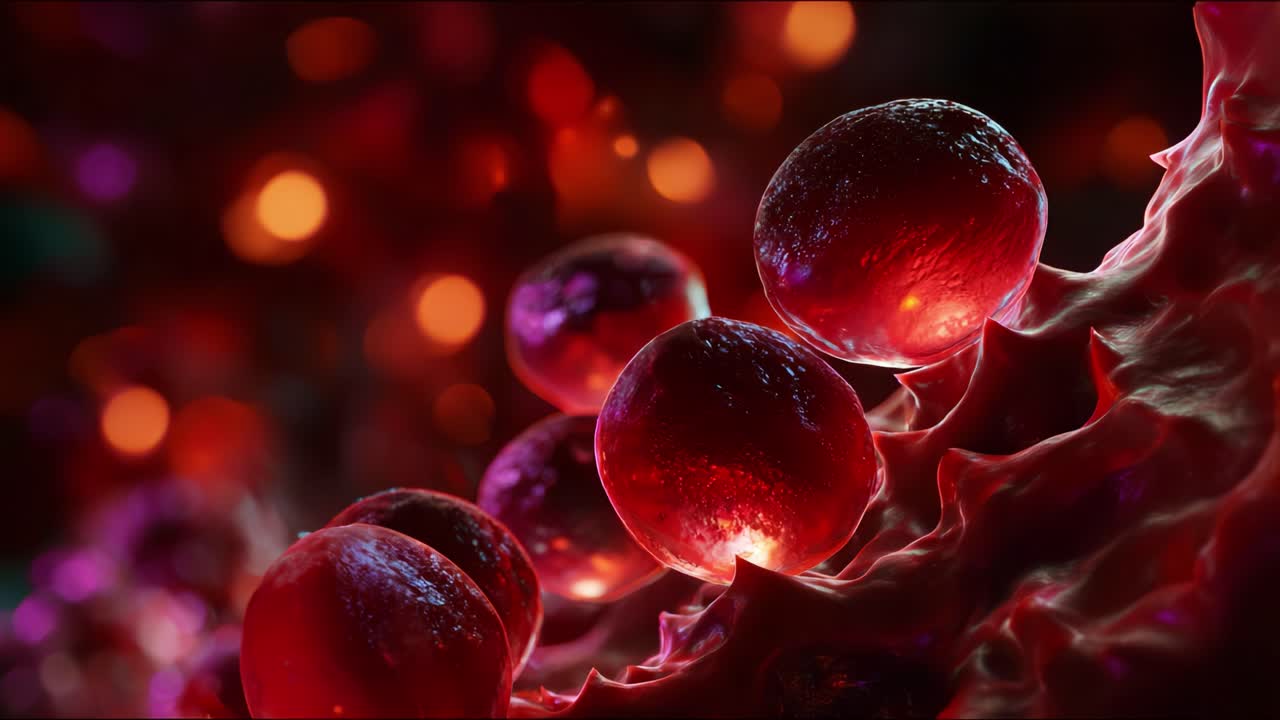 Close-up Visualization of Red Blood Cells Interacting with Tissue, Showcasing Cellular Structure and Color Variation in Microscopic Environment