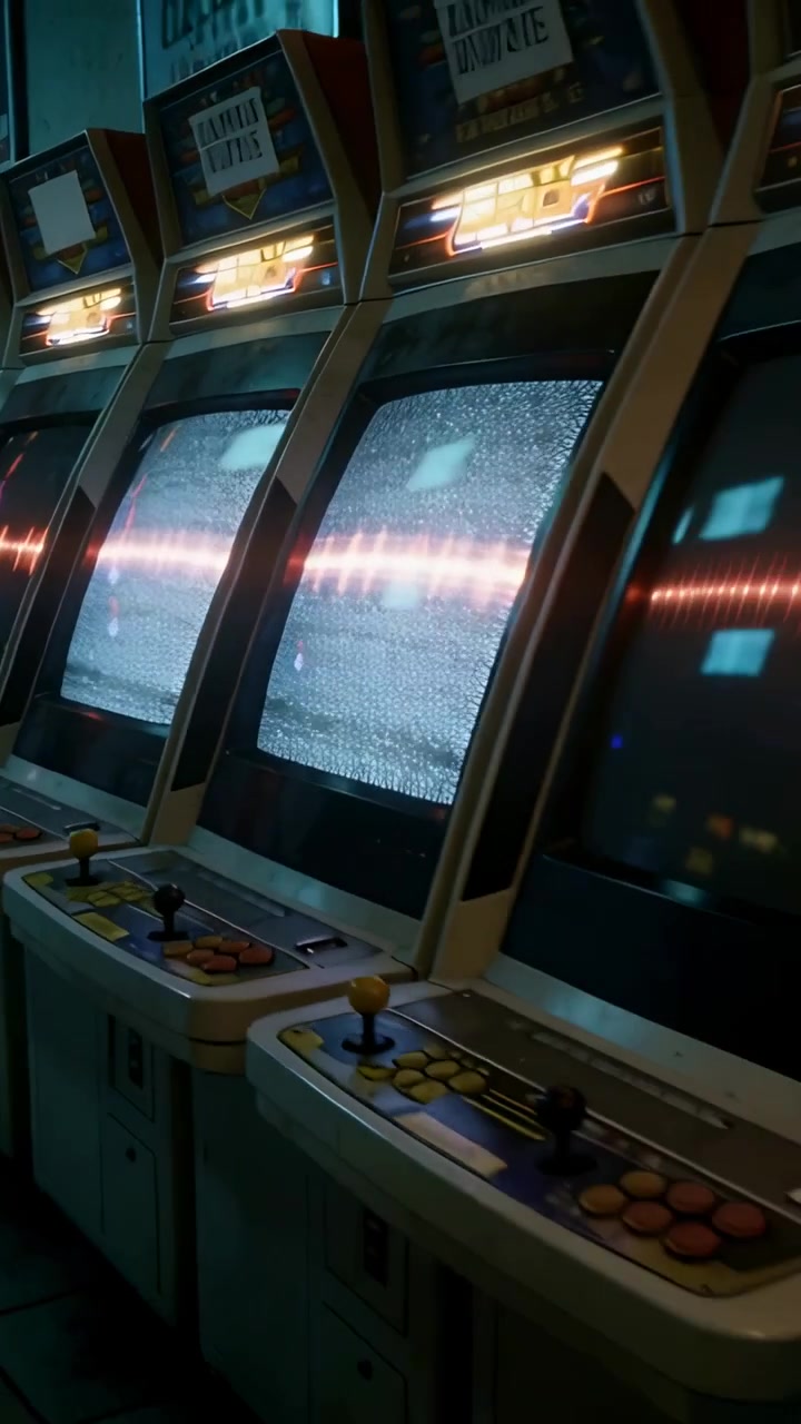 Video verticale: Panoramica della fotocamera lungo i cabinati in una sala giochi in penombra, con forme d'onda che scorrono sui monitor CRT e joystick