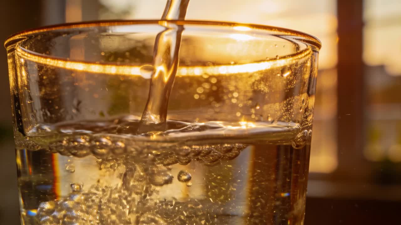 Bicchiere trasparente che riceve un getto d'acqua dal rubinetto sul piano di lavoro, puntando a riempirsi con bolle che salgono.