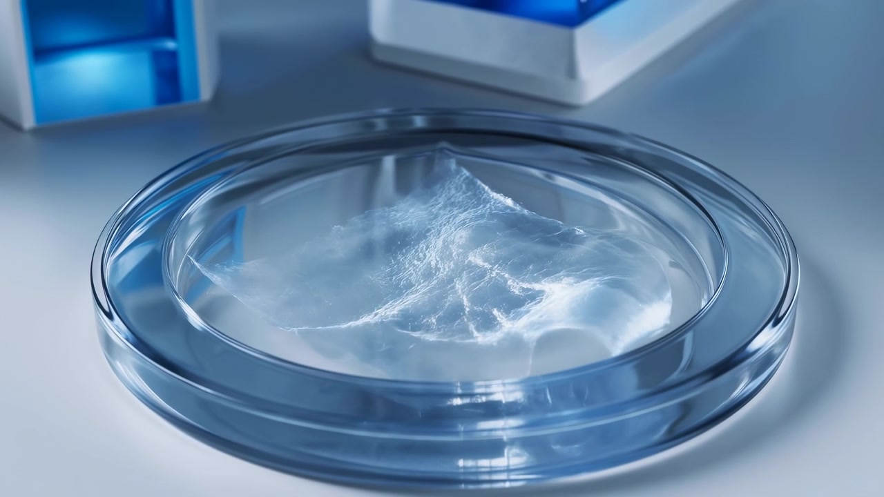Un esemplare chiaro giace al centro di una capsula di Petri in vetro su una superficie sterile da laboratorio, con contenitori blu leggermente sfocati sullo sfondo e una luminosa atmosfera clinica.