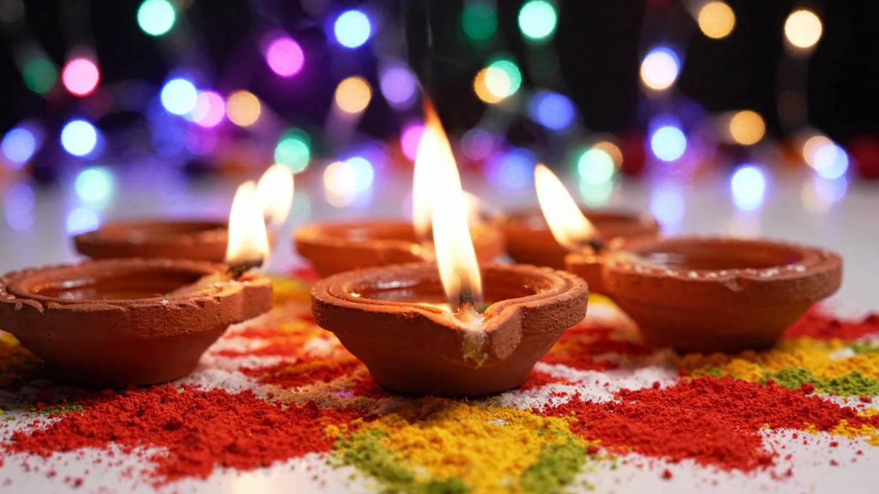 Hliněné lampičky diya hořící během oslavy festivalu Diwali