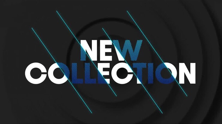 Animatie van de tekst 'nieuwe collectie' over een bewegende zwarte achtergrond