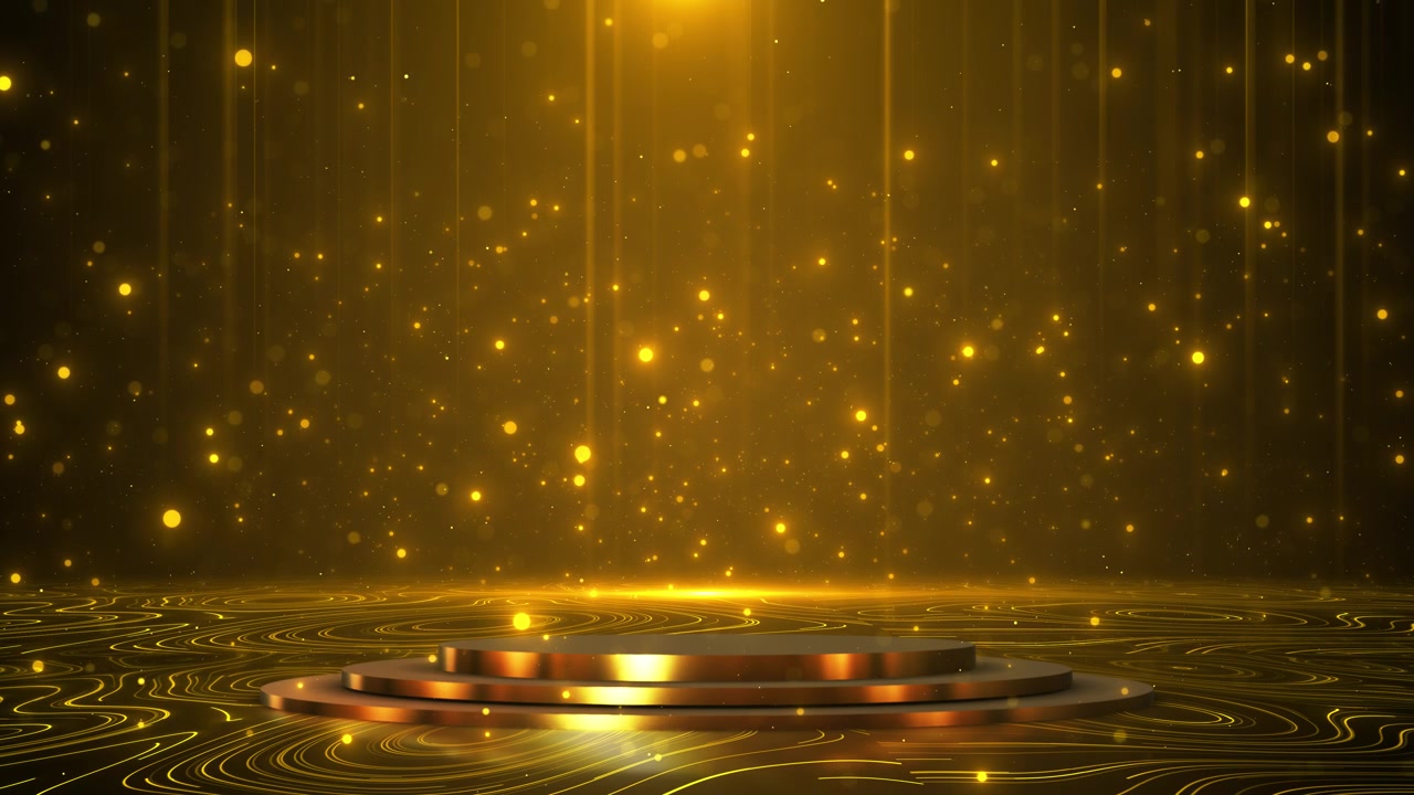 Golden podium stage background with glowing platform falling light beams bokeh particles and luxury