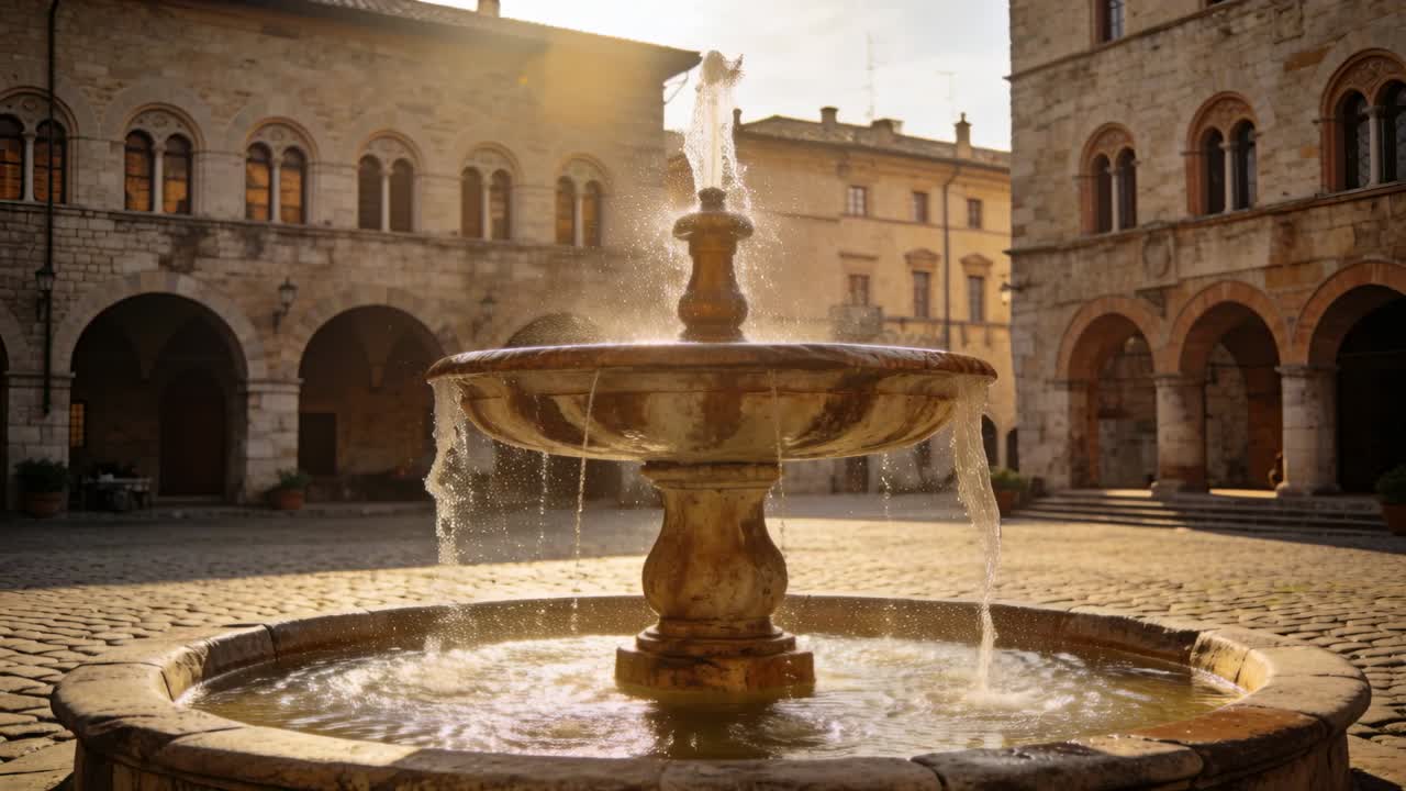 Video verticale: Fontana in pietra che emette un getto, specchio d'acqua increspato, luce solare che si sposta, che mostra l'architettura.