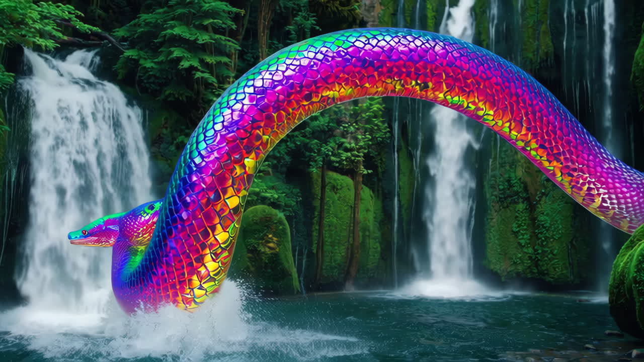 Rainbow Serpent at a Waterfall in a Lush Jungle