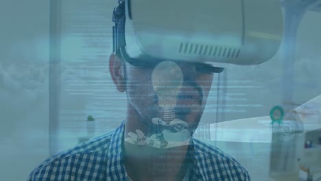 Digitales-Zusammengesetztes-Video-Der-Datenverarbeitung-über-Roboterhände-Gegen-Einen-Mann,-Der-Im-Büro-Ein-VR-Headset-Verwendet
