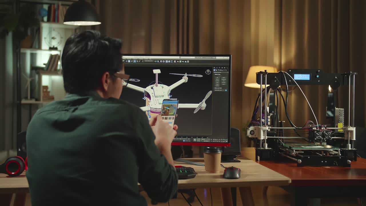 Back View Of Asian Engineer Using Mobile Phone While Work On Personal Computer And 3D Printer, Screen Shows Cad Software With 3D Prototype Of Drone Delivery