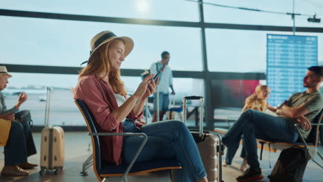 woman using cell phone in airport departure lounge